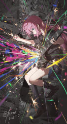 1girl absurdres artist_name black_shirt black_shoes black_socks blue_eyes bocchi_the_rock! chinese_commentary commentary_request cube_hair_ornament dated gotoh_hitori guitar hair_ornament highres holding holding_guitar holding_instrument holding_plectrum instrument kessoku_band_t-shirt kieed loafers long_hair music pink_hair playing_instrument plectrum revision shirt shoes short_sleeves socks solo t-shirt
