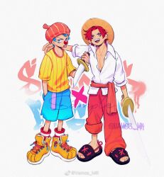 2boys blue_shorts brown_hat buggy_the_clown clown_nose dagger full_body hat holding holding_dagger holding_knife holding_sword holding_weapon knife male_focus multiple_boys one_piece pants pectoral_cleavage pectorals red_hat red_pants sandals shanks_(one_piece) shirt shorts standing sword tongue tongue_out vamos_mk weapon white_shirt yellow_shirt