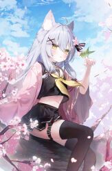 1girl absurdres animal_ears bird bird_on_hand black_serafuku black_shirt black_skirt black_thighhighs blue_hair cat_ears cat_girl cherry cherry_blossoms cropped_shirt food fruit grey_hair haori highres indie_virtual_youtuber japanese_clothes light_blue_hair log long_hair looking_at_animal midriff navel outdoors petals pink_haori sailor_collar school_uniform serafuku shirt sitting sitting_on_log skirt stomach tamafurin thigh_strap thighhighs virtual_youtuber white_sailor_collar yazuki_(vtuber) yellow_eyes