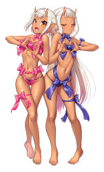 2girls bare_legs bare_shoulders barefoot blush blush_stickers breasts brown_eyes closed_eyes curvy dark-skinned_female dark_skin demon_girl female_focus full_body happy heart heart_hands highres horns lilith-soft loli long_hair looking_at_viewer micro_panties multiple_girls naked_ribbon official_alternate_costume oni_horns open_mouth panties pointy_ears ribbon shiny_skin short_hair siblings simple_background sisters small_breasts smile sophie_(taimanin_asagi) taimanin_(series) taimanin_asagi take_your_pick thong twins underwear valentine very_long_hair walking white_background white_hair wide_hips yuphie_(taimanin_asagi) zol