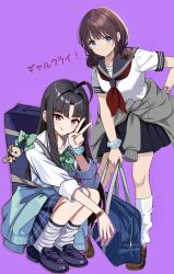2girls :q absurdres ahoge awa_subaru bag black_hair black_skirt blue_bag blue_eyes blue_scrunchie blue_skirt bow bowtie bracelet brown_hair cardigan cardigan_around_waist clothes_around_waist diagonal-striped_bow diagonal-striped_bowtie diagonal-striped_clothes fingernails full_body girls_band_cry green_bow green_bowtie grey_cardigan gyaru hair_intakes hand_on_own_hip highres holding holding_bag iseri_nina jewelry loafers looking_at_viewer loose_socks low_twintails multiple_girls neckerchief pink_background polka_dot polka_dot_bow purple_eyes red_neckerchief school_bag scrunchie shirt shoes short_twintails simple_background skirt socks squatting striped_clothes tongue tongue_out translation_request twintails v v-shaped_eyebrows white_shirt white_socks wrist_scrunchie zaofeng