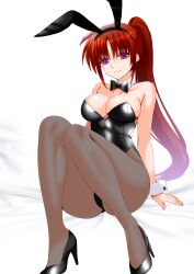 1girl absurdres animal_ears ass bare_shoulders black_bow black_bowtie black_leotard bow bowtie breasts brown_hair cleavage collarbone detached_collar engo_(aquawatery) fake_animal_ears grey_pantyhose groin high_heels highleg highleg_leotard highres large_breasts leotard looking_at_viewer lyrical_nanoha no_bra on_bed pantyhose playboy_bunny purple_eyes rabbit_ears side_ponytail sitting smile solo strapless strapless_leotard takamachi_nanoha wrist_cuffs