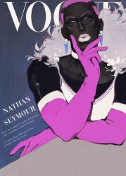 1boy absurdres arm_on_table character_name collarbone creamyghost dark-skinned_male dark_skin drag_queen earrings elbow_gloves english_text feather_boa gloves highres jewelry lips looking_at_viewer male_focus nathan_seymour pink_gloves pink_hair short_hair solo tiger_&amp;_bunny very_dark_skin very_short_hair vogue_(magazine)