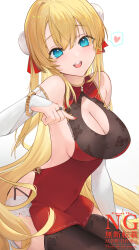 1girl aqua_eyes bare_shoulders black_thighhighs blonde_hair blush bow bracelet breasts bun_cover china_dress chinese_clothes cleavage commentary_request covered_navel double_bun dress elbow_gloves gloves hair_bun highres hu_kotora jewelry large_breasts long_hair looking_at_viewer multiple_rings nail_polish open_mouth original panties pantyhose partial_commentary red_bow red_dress ring sideboob simple_background smile solo thighhighs thighs underwear white_background white_gloves white_panties