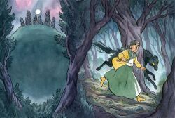 1girl absurdres adder_stone boots bracelet brown_hair coat commentary cover_image english_commentary ethan_m._aldridge forest full_moon grass green_shawl green_skirt hair_bun highres hill jewelry looking_to_the_side medium_hair moon nature night original outdoors parted_lips rock ruins running scenery shirt silk single_hair_bun skirt solo spider_web stone_megalith stone_pillar stonehenge textless_version tree white_shirt wolf yellow_boots yellow_coat yellow_eyes