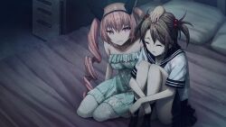 2girls :3 akiha_rumiho animal_ear_hairband animal_ears ass bed_sheet bedroom black_neckerchief black_sailor_collar black_sleeves black_socks blue_dress blue_skirt breasts brown_hair cat_ears child collar collarbone cropped_shirt crossed_arms crying dark dark_room dress drill_hair facing_down fake_animal_ears flat_chest frilled_collar frills game_cg hairband hand_on_another&#039;s_head headpat highres hugging_own_legs huke kneeling long_hair looking_at_another medium_breasts miniskirt multiple_girls neckerchief non-web_source official_art on_bed pillow pink_eyes pink_hair pink_lips pleated_skirt ringed_eyes sad sailor_collar school_uniform serafuku shiny_lips shirt short_sleeves short_twintails sitting skirt sleeveless sleeveless_dress smile socks square_pupils steins;gate steins;gate:_linear_bounded_phenogram streaming_tears tears tennouji_nae thick_thighs thighs tsurime twin_drills twintails underbutt white_shirt white_stripes