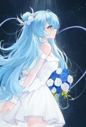 1girl absurdres azur_lane blue_eyes blue_flower blue_hair blue_rose bouquet dress flower frilled_dress frills from_side hair_flower hair_ornament highres holding holding_bouquet janus_(azur_lane) janus_(oath_under_the_morning_sun)_(azur_lane) long_hair official_alternate_costume rose solo wedding_dress white_dress white_flower xiao_feifei