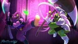 1boy 1girl armlet armor artist_name axe backlighting battle_axe belt_buckle black_boots black_gloves black_nails boots bracelet buckle clash colored_sclera colored_skin colored_teeth constricted_pupils crazy_smile deltarune duel excited fingerless_gloves fingernails freckles furry furry_female gauntlets gerson gloves glowing_heart gold_buckle hammer highres holding holding_axe holding_hammer holding_weapon huge_weapon jewelry jumping leg_armor leg_up long_hair muscular muscular_female muscular_male one_eye_closed pants pauldrons pink_hair pink_pants pink_skin ponytail purple_hair purple_shirt purple_skin reptile_girl retrospecter sabaton scar sharp_fingernails sharp_teeth shirt shoulder_armor sleeveless sleeveless_jacket slit_pupils smile sparkle spiked_armlet spiked_armor spiked_bracelet spikes stained_glass susie_(deltarune) teeth thick_eyebrows torn_clothes torn_sleeves turtle_boy very_long_hair weapon yellow_sclera yellow_teeth