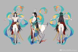 1boy animal_ears antlers arms_at_sides black_hair centaur reference_sheet completely_nude costume_request deer_ears deer_tail eyeshadow facial_mark forehead_mark full_body haro_(kusiiirumoo) highres horns long_hair makeup male_focus monster_boy multicolored_hair multiple_views mythology nipples nude onmyoji original reindeer_antlers skinny tagme tail taur two-tone_hair very_long_hair watermark weibo_watermark