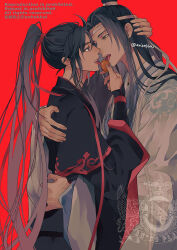 Rule 34 | 2boys, ahoge, anaprico, black hair, black hanfu, black robe, chinese clothes, eating, english text, eye contact, face-to-face, feeding, food, from side, fruit, grey eyes, hair ribbon, hanfu, headband, high ponytail, highres, holding, holding food, holding fruit, hug, lan wangji, layered sleeves, licking, long hair, long sleeves, looking at another, male focus, modao zushi, multiple boys, open mouth, ponytail, profile, red background, red ribbon, ribbon, robe, sidelocks, simple background, teeth, tongue, tongue out, topknot, twitter username, upper body, very long hair, watermark, wei wuxian, white hanfu, white headband, white robe, wide sleeves, xiao guan (headdress), yaoi, yellow eyes