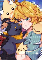 &gt;_&lt; 1girl :3 ahoge animal aqua_eyes aqua_shirt artist_name bird black_gloves blonde_hair closed_mouth doki_amber_doge_(dokibird) dokibird dokibird_(bounty_hunter) dokibird_(tomato) dragoon_(dokibird) fang gloves hair_ornament hairclip highres hug indie_virtual_youtuber medium_hair neckerchief orange_neckerchief ryuriia scar scar_on_arm shirt skin_fang smile striped_clothes striped_shirt vertical-striped_clothes vertical-striped_shirt virtual_youtuber