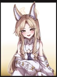 1girl absurdres animal_ear_fluff animal_ears ascot bare_shoulders blonde_hair blue_archive blue_ascot blush chanwoo detached_sleeves dress flower fox_ears fox_girl hair_flower hair_ornament highres long_hair open_mouth parted_bangs seia_(blue_archive) sidelocks solo teeth upper_teeth_only white_dress white_flower yellow_eyes