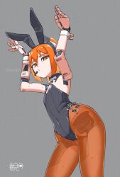 1girl a.i._voice adachi_rei android animal_ear_hairband animal_ears arms_up black_leotard closed_mouth commentary_request cowboy_shot detached_collar fake_animal_ears flat_chest grey_background hairband headset highres joints kanbaru_mitsuki leotard looking_at_viewer mechabare one_side_up orange_eyes orange_hair orange_pantyhose pantyhose rabbit_ear_hairband rabbit_ears rabbit_pose robot_girl robot_joints see-through_pantyhose short_hair signature simple_background solo standing strapless strapless_leotard utau wide_hips wrist_cuffs