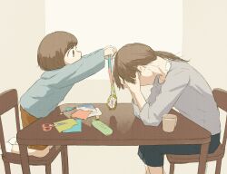 1boy 1girl absurdres avogado6 blue_shirt brown_eyes brown_hair brown_shorts capri_pants child cup depressed from_side grey_shirt head_rest highres jewelry kneeling mug necklace original pants paper ponytail profile scissors shirt shorts socks table