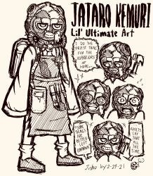 1boy apron backpack bag character_name closed_mouth danganronpa_(series) danganronpa_another_episode:_ultra_despair_girls dated doodle_inset english_text flying_sweatdrops full_body greyscale grin hammer hatching_(texture) highres josh-s26 kemuri_jataro long_sleeves male_focus mask monochrome multiple_views open_mouth patchwork_clothes saliva shoes signature simple_background sleeves_past_fingers sleeves_past_wrists smile speech_bubble standing star-shaped_pupils star_(symbol) symbol-shaped_pupils teeth upper_teeth_only wavy_mouth white_background
