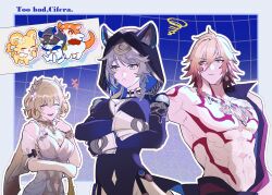 +++ 1boy 2girls aglaea_(honkai:_star_rail) animal_ears animal_hood armored_gloves bare_pectorals black_coat black_leotard blonde_hair blue_eyes border braid breasts cat_ears cat_girl cat_hood chest_tattoo chimera_(honkai:_star_rail) cipher_(honkai:_star_rail) closed_eyes coat commentary_request crossed_arms dress earrings facial_tattoo flower fuku-ro gold_earrings gold_necklace grey_hair hair_between_eyes hair_flower hair_ornament highres honkai:_star_rail honkai_(series) hood jewelry large_breasts laurel_crown leotard medium_hair multiple_girls mydei_(honkai:_star_rail) necklace open_clothes open_coat pectorals red_tattoo short_hair_with_long_locks side_braid squiggle tattoo toned toned_male white_border white_dress yellow_eyes
