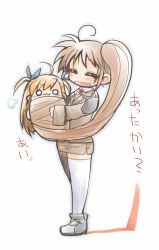 00s 2girls :3 ahoge animated animated_gif blinking brown_hair closed_eyes hug kajikawa_yahiro lyrical_nanoha mahou_shoujo_lyrical_nanoha mahou_shoujo_lyrical_nanoha_strikers military military_uniform multiple_girls ponytail side_ponytail smile takamachi_nanoha thighhighs translated vivio