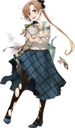 Rule 34 | 1girl, akigumo (kancolle), akigumo kai ni (comiket) (kancolle), akigumo kai ni (kancolle), bag, bags under eyes, black pantyhose, black sweater, blue footwear, blue skirt, brown hair, brown shawl, can, cold pack, fujikawa, full body, green eyes, hair ribbon, kantai collection, layered clothes, long hair, long skirt, mole, mole under eye, official alternate costume, official art, one eye closed, pantyhose, plaid clothes, plaid skirt, ponytail, ribbon, shawl, shopping bag, skirt, smile, solo, standing, sweater, torn clothes, torpedo launcher, transparent background, white sweater