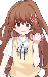 1girl absurdres aisaka_taiga anger_vein black_ribbon brown_eyes brown_hair clenched_hand collared_shirt commentary dated hand_up highres ko_su_kaa long_hair looking_at_viewer neck_ribbon open_mouth ribbon school_uniform shirt short_sleeves signature simple_background solo sweater_vest toradora! upper_body very_long_hair wet wet_clothes wet_hair wet_shirt white_background white_shirt yellow_sweater_vest