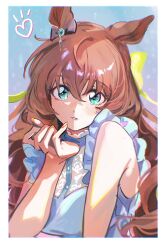1girl absurdres animal_ears bare_shoulders blue_shirt bojue_(hakus_1128) border bow breasts brown_hair ear_ribbon fingernails frills green_eyes hair_between_eyes hand_up heart highres horse_ears horse_girl large_breasts long_hair looking_at_viewer maruzensky_(umamusume) parted_lips shirt sleeveless sleeveless_shirt solo umamusume upper_body white_border