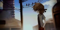 1other absurdres androgynous atoymk bird black_headband black_shirt blue_sky brown_eyes brown_hair closed_mouth cowboy_shot crow day expressionless hand_in_pocket headband highres kurohebi len&#039;en other_focus pants power_lines red_pants shirt short_hair short_sleeves sky urban