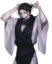 Rule 34 | 1boy, absurdres, albino (a1b1n0623), bags under eyes, black hair, black scarf, choso (jujutsu kaisen), facial tattoo, hairdressing, highres, jujutsu kaisen, male focus, mouth hold, robe, scarf, short hair, solo, tattoo, tying hair, white robe, wide sleeves