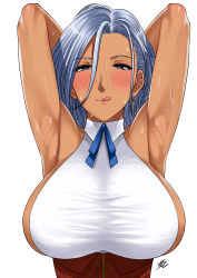 1girl :q anastasia_palma armpits arms_behind_head blue_eyes blue_hair blush breasts dark-skinned_female dark_skin earrings forehead half-closed_eyes highres jewelry large_breasts long_hair looking_at_viewer naughty_face presenting_armpit sakura_taisen sega shin_sakura_taisen simple_background smile solo sweat tongue tongue_out white_background xter