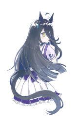 1girl ahoge animal_ears black_hair bow ear_tag earrings frilled_skirt frills grey_hair horse_ears horse_tail jewelry long_hair looking_at_viewer looking_back manhattan_cafe_(umamusume) multicolored_hair pleated_skirt puffy_short_sleeves puffy_sleeves purple_bow purple_shirt purple_trim sailor_collar school_uniform shirt shiruko_(oshiruko) short_sleeves single_earring skirt solo tail tracen_school_uniform umamusume very_long_hair waist_bow white_hair white_sailor_collar white_skirt yellow_eyes