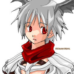 1boy armor assassin_cross_(ragnarok_online) character_name commentary_request demon_wings expressionless grey_hair grey_wings head_wings koma_mama looking_afar looking_to_the_side lowres male_focus oekaki open_mouth pauldrons ragnarok_online red_eyes red_scarf scarf shoulder_armor simple_background solo upper_body white_background wings
