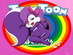 1girl anus ass blue_sclera bow colored_sclera come_hither female_focus fifi_la_fume from_behind furry furry_female hair_bow hair_over_one_eye hsk hugging_tail looking_at_viewer open_mouth purple_eyes purple_hair seductive_smile short_hair skunk skunk_girl smile solo tail tiny_toon_adventures tongue