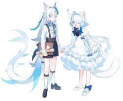 1boy 1girl absurdres aged_down ahoge animal_ear_fluff animal_ears ankle_ribbon arrow_(symbol) black_shoes black_shorts blue_bow blue_bowtie blue_eyes blue_hair blue_ribbon book bow bowtie bright_pupils brooch cat_ears cat_girl cat_tail chinese_commentary chinese_text closed_mouth collared_shirt commentary_request dress expressionless eyelashes fins fish_tail footwear_bow frilled_dress frilled_sleeves frills full_body furina_(genshin_impact) genshin_impact glint hair_between_eyes hair_intakes height_difference highres holding holding_book holding_hands holding_scroll jewelry kemonomimi_mode leg_ribbon legwear_garter loafers long_hair long_sleeves multicolored_hair neuvillette_(genshin_impact) open_mouth pink_eyes ribbon sanseling scroll shirt shoes shorts simple_background slit_pupils smile socks suspender_shorts suspenders tail translation_request two-tone_hair very_long_hair white_background white_dress white_hair white_pupils white_shirt white_shoes white_socks