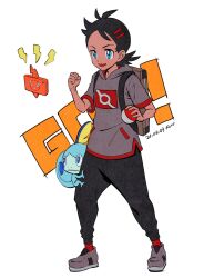1boy androgynous black_pants blue_eyes character_name clenched_hand dated fon-due_(fonfon) full_body gen_4_pokemon gen_8_pokemon goh_(pokemon) grey_footwear grey_shirt highres holding holding_poke_ball male_focus nintendo pants poke_ball poke_ball_(basic) pokemon pokemon_(anime) pokemon_journeys red_socks rotom rotom_phone shirt short_hair signature sobble socks solo standing