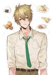 1boy belt blonde_hair blue_eyes brown_belt brown_pants closed_mouth collarbone commentary_request cowboy_shot food food_request french_flag green_necktie hair_between_eyes idolmaster idolmaster_side-m kashiwagi_tsubasa looking_to_the_side male_focus nana_tetra necktie onigiri pants pizza shirt short_hair simple_background sleeves_rolled_up solo white_background white_shirt