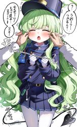 1girl 1other absurdres armband belt blue_archive blue_armband blush closed_eyes demon_tail facing_viewer fang gloves green_hair halo highres hikari_(blue_archive) long_hair long_sleeves open_mouth pantyhose pointy_ears sak_(lemondisk) shirt simple_background skirt solo_focus speech_bubble sweat tail very_long_hair white_background white_gloves white_pantyhose