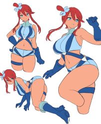 1girl all_fours alternate_costume armpits ass belt blue_belt blue_boots blue_eyes blue_gloves blue_jacket blue_shorts boots breasts c: cowboy_shot crop_top cropped_jacket dark-skinned_female dark_skin elbow_gloves gloves gym_leader hair_between_eyes hair_ornament hand_on_own_hip high_collar highres holster ishinabe_art jacket knee_boots large_breasts leg_up legs long_hair looking_afar looking_at_viewer looking_back looking_to_the_side midriff multiple_views navel nintendo one_side_up pokemon pokemon_bw pouch red_hair short_hair_with_long_locks short_shorts shorts sidelocks simple_background sketch skindentation skyla_(pokemon) sleeveless sleeveless_crop_top smile solo standing teeth thick_thighs thigh_holster thigh_pouch thigh_strap thighs white_background
