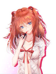 1girl arm_behind_back blue_eyes chromatic_aberration closed_mouth collarbone eyebrows_hidden_by_hair hair_between_eyes headgear lipstick makeup modern_afro nail_polish naked_shirt neck_ribbon neon_genesis_evangelion no_bra open_clothes open_shirt red_hair red_nails red_ribbon ribbon shirt short_sleeves simple_background solo souryuu_asuka_langley twintails upper_body white_background white_shirt