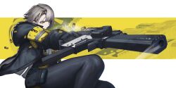 Rule 34 | absurdres, black gloves, black jacket, black pants, brown hair, closed mouth, commentary, english commentary, firing, gangsta hold, girls&#039; frontline, girls&#039; frontline 2: exilium, gloves, gun, hair ornament, hairpin, highres, hood, hooded jacket, jacket, kriss vector, lieeux, open clothes, open jacket, pants, shell casing, short hair, simple background, submachine gun, suppressor, two-tone background, vector (girls&#039; frontline), vector (girls&#039; frontline 2), weapon, white background, x hair ornament, yellow background, yellow eyes, zoom layer