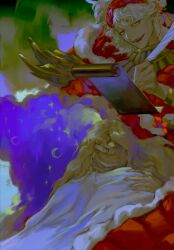2boys achilles_(hades) blonde_hair cape crescent fur-trimmed_cape fur_trim hades_(series) highres hypnos_(hades) kou_zhua long_hair looking_at_viewer male_focus multiple_boys quill red_cape scroll short_hair sleeping writing yellow_eyes
