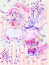 2girls :o animal_ears apron aqua_eyes back_bow bad_id bad_twitter_id bandaid bare_arms bat_(animal) blue_bow blue_bowtie blue_capelet blunt_bangs bow bowtie capelet center_frills character_name chocofish clipboard commentary dark-skinned_female dark_skin demon_tail dot_nose dress ear_covers eyelashes eyepatch frilled_capelet frilled_sleeves frills full_body gloves grey_capelet hair_between_eyes hair_bow hair_ornament hairband hairclip hand_on_own_hip hashtag-only_commentary hat heart heart_eyepatch heart_hair_ornament heart_print high_heels holding holding_clipboard holding_syringe hood hood_up hooded_capelet kuromi lace-trimmed_headwear lace_hairband lace_trim large_bow light_blush light_particles lop_rabbit_ears multiple_girls my_melody nurse nurse_cap onegai_my_melody open_mouth pantyhose personification pink_background pink_bow pink_bowtie pink_dress pink_hair pink_shirt pink_shoes pleated_dress pom_pom_(clothes) puffy_short_sleeves puffy_sleeves pumps purple_hair purple_shoes purple_skirt purple_tail purple_thighhighs rabbit_ears red_eyes sanrio shirt shoes short_dress short_hair short_sleeves silk skirt spider_web standing striped_background striped_clothes striped_pantyhose syringe tail tareme thighhighs two-tone_background upside-down vertical-striped_background vertical-striped_clothes vertical-striped_pantyhose white_apron white_bow white_gloves white_hairband white_hat white_pantyhose x_hair_ornament yellow_background