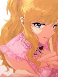 1girl blonde_hair blue_eyes breasts cleavage commentary_request dress from_above goshiki_suzu highres idolmaster idolmaster_cinderella_girls long_hair looking_at_viewer ohtsuki_yui parted_lips pink_dress smile solo upper_body