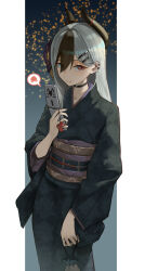 1girl absurdres black_hair black_kimono blue_archive blush closed_mouth collar demon_girl demon_horns ear_piercing esnowg hair_behind_ear hair_between_eyes hair_ornament hairclip highres holding holding_phone horns japanese_clothes kayoko_(blue_archive) kayoko_(new_year)_(blue_archive) kimono looking_at_viewer multicolored_hair official_alternate_costume official_alternate_hairstyle phone piercing red_eyes smile solo two-tone_hair white_hair
