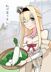 1girl bare_shoulders basket blonde_hair blue_eyes braid breasts building cleavage commentary_request crown dress flower half_up_braid highres jewelry kanade_(kanadeya) kantai_collection large_breasts long_hair long_sleeves medium_breasts mini_crown necklace off-shoulder_dress off_shoulder one_eye_closed radish red_flower red_ribbon red_rose ribbon rose smile solo translation_request upper_body warspite_(kancolle)