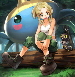 Rule 34 | 1girl, blonde hair, breasts, bug, capri pants, collarbone, gen 3 pokemon, gen 6 pokemon, green eyes, green pants, highres, large breasts, medium breasts, midriff, nintendo, open mouth, pants, pokemon, pokemon (creature), pokemon xy, scatterbug, shirt, short hair, sleeveless, sleeveless shirt, smile, solo, surskit, tugo, viola (pokemon), white shirt, worm