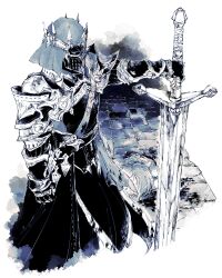 1other ambiguous_gender armor breastplate cowboy_shot dark_knight final_fantasy final_fantasy_xiv fray_myste full_armor gauntlets greatsword greyscale helm helmet highres holding holding_sword holding_weapon itowo_(itowc) knight monochrome pauldrons shoulder_armor shoulder_belt standing sword weapon white_background