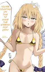 absurdres angel_girl angel_wings bikini blonde_hair blush braid breasts dialogue_box fate/grand_order fate_(series) gold_bikini hair_ribbon highres jeanne_d&#039;arc_(fate) looking_to_the_side metatron_jeanne_(fate) micro_bikini ran_sk ribbon simple_background small_breasts swimsuit text_focus white_background wings yellow_eyes