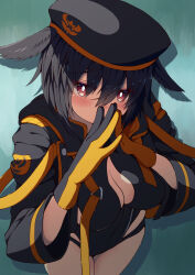 1girl beret black_gloves black_hair black_hat black_jacket black_one-piece_swimsuit blush breasts choker cleavage cleavage_cutout clothing_cutout fate/grand_order fate_(series) gloves hat head_wings highleg highleg_one-piece_swimsuit highres hood hooded_jacket jacket large_breasts long_sleeves looking_at_viewer one-piece_swimsuit open_clothes open_jacket ortlinde_(fate) ortlinde_(swimsuit_assassin)_(fate) peisuto red_eyes short_hair solo swimsuit thighs valkyrie_(fate) wings