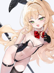 1girl absurdres animal_ear_hairband animal_ears arm_behind_back bare_shoulders black_gloves black_hairband black_leotard black_thighhighs blonde_hair blue_archive blush bow covered_navel detached_collar fake_animal_ears fluffy_hair gloves green_eyes hair_between_eyes hairband highleg highleg_leotard highres leotard long_hair open_mouth playboy_bunny professor_niyaniya_(blue_archive) rabbit_ear_hairband rabbit_ears red_bow see-through_clothes see-through_leotard shawn358 sidelocks single_thighhigh solo thigh_strap thighhighs