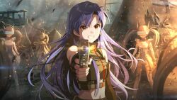 5girls ahoge aiming aiming_at_viewer android black_gloves blue_hair brown_eyes brown_hair clenched_teeth clone commentary_request fingerless_gloves floating_hair game_cg gloves gun hakozaki_serika head-mounted_display holding holding_gun holding_weapon idolmaster idolmaster_(classic) idolmaster_million_live! idolmaster_million_live!_theater_days kisaragi_chihaya long_hair looking_at_viewer midriff multiple_girls official_art outdoors standing tears teeth thighhighs third-party_source twintails upper_body weapon white_thighhighs
