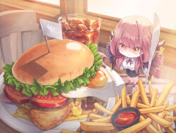 1girl aru_(blue_archive) black_skirt blue_archive breasts brown_coat brown_horns burger closed_mouth coat coat_on_shoulders cola collared_shirt demon_horns food french_fries fried_egg fur-trimmed_coat fur_trim fuyu_no_usagi highres horns ice large_breasts long_hair long_sleeves mini_person minigirl neck_ribbon pencil_skirt red_hair red_ribbon ribbon shirt skirt smile solo white_shirt yellow_eyes