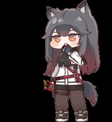 1girl animal_ear_fluff animal_ears animated animated_gif arknights black_gloves black_pantyhose black_shoes black_shorts closed_mouth commentary_request diyap_(style) fingerless_gloves food gloves gradient_hair grey_hair jacket kimin3424 long_hair long_sleeves multicolored_hair orange_eyes pantyhose pocky red_hair shoes short_shorts shorts simple_background solo tail texas_(arknights) transparent_background white_jacket wolf_ears wolf_girl wolf_tail